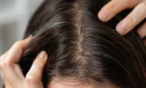 Dłonie rozsuwają ciemne włosy, ukazując skórę głowy z widocznym łupieżem. Czy łupież jest zaraźliwy?