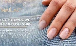 Delikatna hybryda na krótkich paznokciach w pastelowych odcieniach z subtelnymi drobinkami. Idealna propozycja dla każdej kobiety.