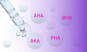 Kropla serum z pipety, a w tle kule z napisami AHA, BHA, AKA, PHA.