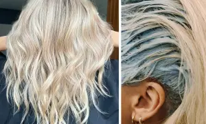Piękne blond włosy po zabiegu. Po lewej efekt, po prawej widać, co to jest toner do włosów – niebieska maska na pasmach.