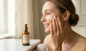 Kobieta aplikuje krem z filtrem SPF 30, zapewniając skórze ochronę przeciwsłoneczną i nawilżenie.