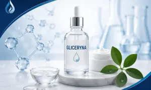 Gliceryna co to? Składnik nawilżający w kosmetykach, przedstawiony w buteleczce z pipetą, obok kremu i liści.