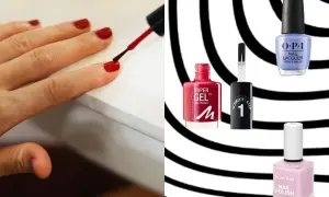 Dłoń maluje paznokcie czerwonym lakierem. Obok buteleczki lakierów: Manhattan Super Gel, OPI Nail Lacquer, Inglot Playinn. Szukasz lakieru do paznokci trwałego jak hybryda?