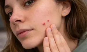 Zbliżenie na twarz młodej kobiety z widocznymi, czerwonymi pryszczami na policzku.