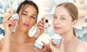 Dwie kobiety prezentują kosmetyki. Jedna trzyma krem, druga serum. Produkty pomagają regulować sebum i nawilżać skórę.