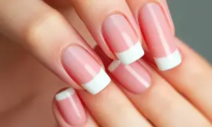 Dłonie z perfekcyjnym manicurem french kolor. Delikatny róż i biel tworzą klasyczny, elegancki wygląd.