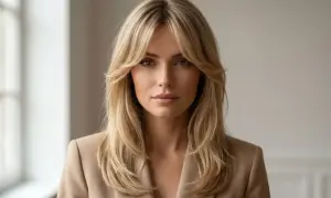 Kobieta z blond włosami i grzywką kurtynową w beżowej marynarce.