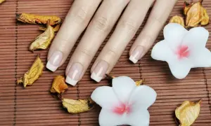 Dłoń z idealnym francuskim manicure, który podkreśla najładniejszy kształt paznokci. Otoczona suszonymi liśćmi i białymi kwiatami.