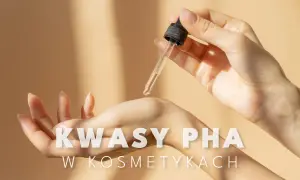 Delikatna pielęgnacja skóry z użyciem kwasów PHA. Kropla serum z pipety spada na dłoń, obiecując nawilżenie i odnowę.
