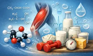 Mięśnie, mleko, ser i hantle. W tle wzory chemiczne, w tym kwas mlekowy, oraz krople z napisem "Lactate".