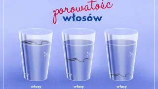 Test na porowatość włosów: włosy niskoporowate toną powoli, średnioporowate opadają na dno, a wysokoporowate unoszą się.