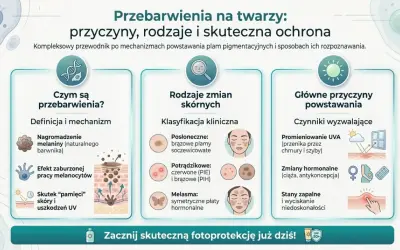 Przewodnik po przebarwieniach na twarzy: przyczyny, rodzaje i ochrona. Wyjaśnia mechanizm powstawania, rodzaje zmian skórnych (posłoneczne, potrądzikowe, melasma) i główne przyczyny (UVA, hormony, stany zapalne).