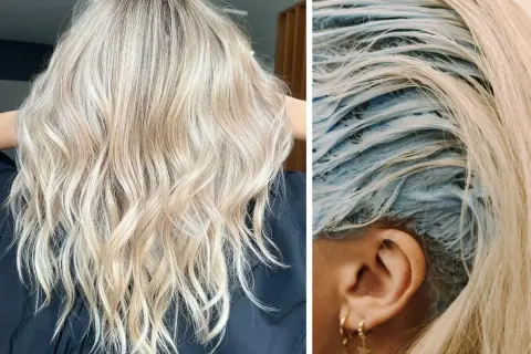 Piękne blond włosy po zabiegu. Po lewej efekt, po prawej widać, co to jest toner do włosów – niebieska maska na pasmach.