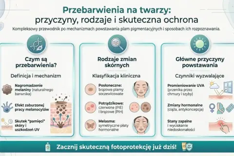 Przewodnik po przebarwieniach na twarzy: przyczyny, rodzaje i ochrona. Wyjaśnia mechanizm powstawania, rodzaje zmian skórnych (posłoneczne, potrądzikowe, melasma) i główne przyczyny (UVA, hormony, stany zapalne).