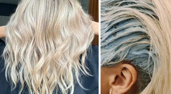 Piękne blond włosy po zabiegu. Po lewej efekt, po prawej widać, co to jest toner do włosów – niebieska maska na pasmach.
