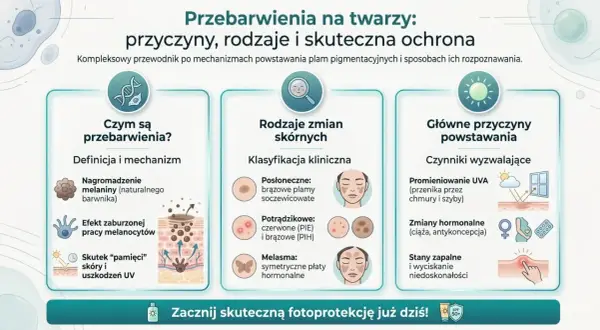 Przewodnik po przebarwieniach na twarzy: przyczyny, rodzaje i ochrona. Wyjaśnia mechanizm powstawania, rodzaje zmian skórnych (posłoneczne, potrądzikowe, melasma) i główne przyczyny (UVA, hormony, stany zapalne).