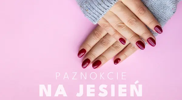 Dłonie z bordowymi, lśniącymi paznokciami na jesień, otulone szarym swetrem, na różowym tle.