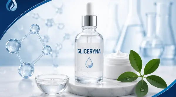 Gliceryna co to? Składnik nawilżający w kosmetykach, przedstawiony w buteleczce z pipetą, obok kremu i liści.