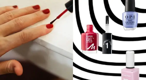 Dłoń maluje paznokcie czerwonym lakierem. Obok buteleczki lakierów: Manhattan Super Gel, OPI Nail Lacquer, Inglot Playinn. Szukasz lakieru do paznokci trwałego jak hybryda?