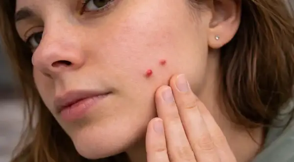 Zbliżenie na twarz młodej kobiety z widocznymi, czerwonymi pryszczami na policzku.