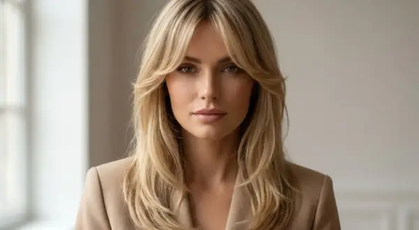 Kobieta z blond włosami i grzywką kurtynową w beżowej marynarce.
