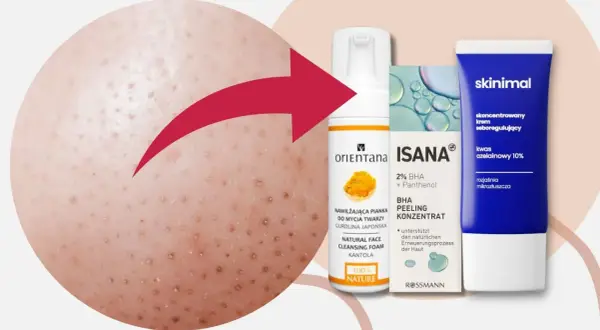 Skóra z widocznymi filamentami łojowymi, obok kosmetyki do pielęgnacji: pianka Orientana, peeling Isana i krem Skinimal.