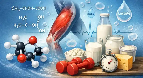 Mięśnie, mleko, ser i hantle. W tle wzory chemiczne, w tym kwas mlekowy, oraz krople z napisem "Lactate".