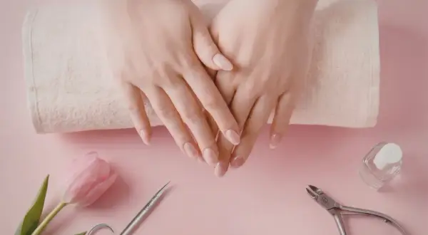 Delikatne dłonie z perfekcyjnym manicurem kombinowanym, obok różowy tulipan, cążki i buteleczka lakieru.