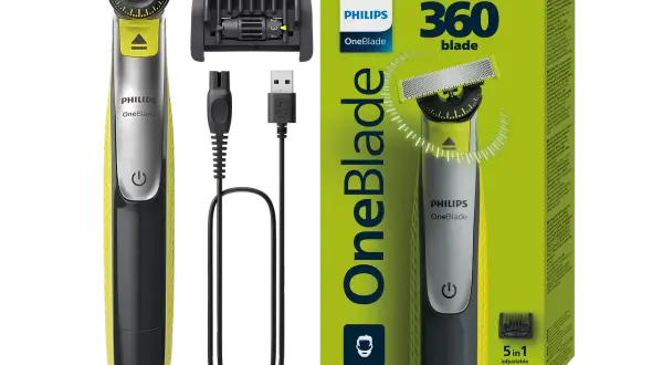 Golarka Philips OneBlade z akcesoriami i opakowaniem.