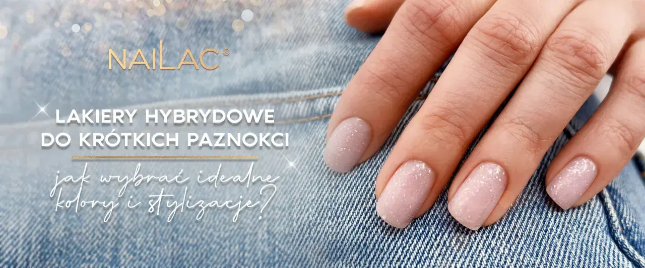 Delikatna hybryda na krótkich paznokciach w pastelowych odcieniach z subtelnymi drobinkami. Idealna propozycja dla każdej kobiety.