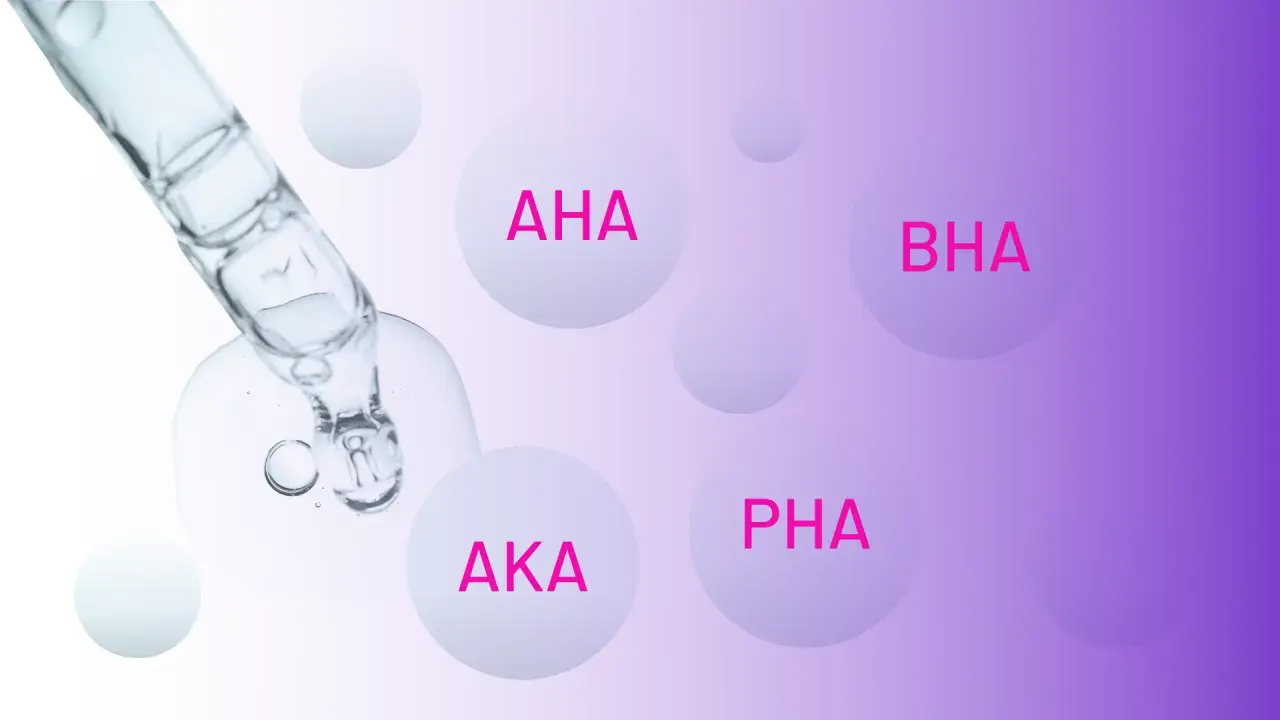 Kropla serum z pipety, a w tle kule z napisami AHA, BHA, AKA, PHA.