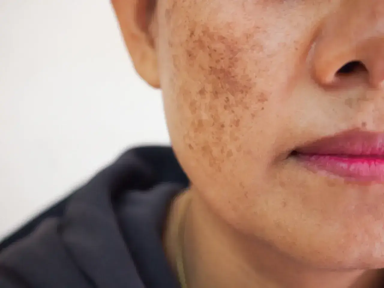 Zbliżenie na twarz kobiety z przebarwieniami. Czy to melasma? Zmiany pigmentacyjne na skórze.