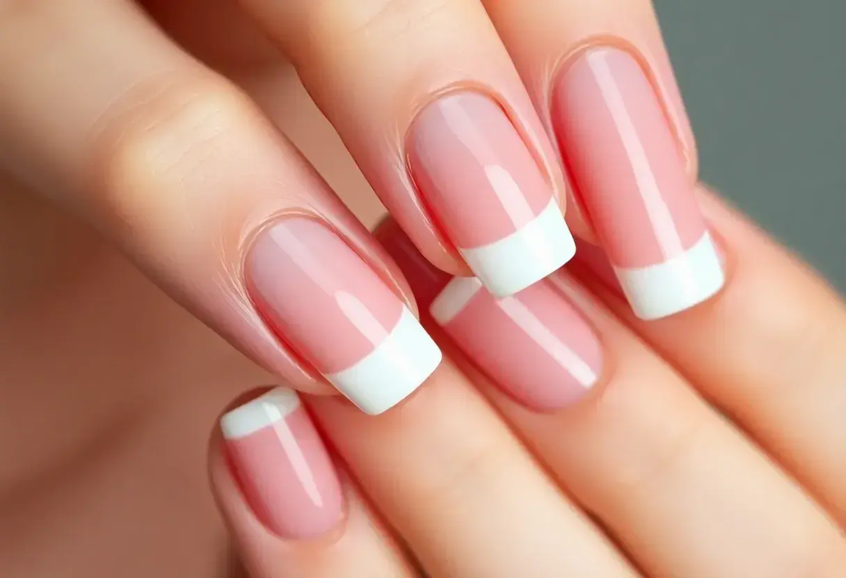 Dłonie z perfekcyjnym manicurem french kolor. Delikatny róż i biel tworzą klasyczny, elegancki wygląd.