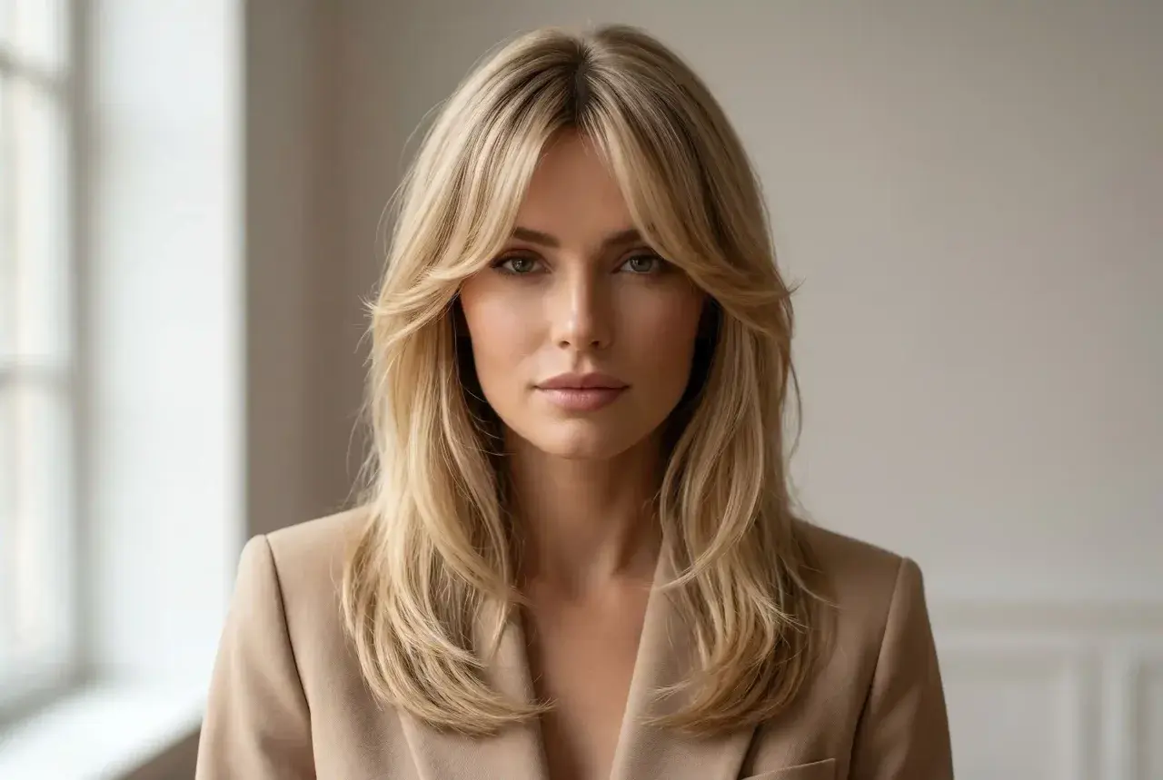 Kobieta z blond włosami i grzywką kurtynową w beżowej marynarce.