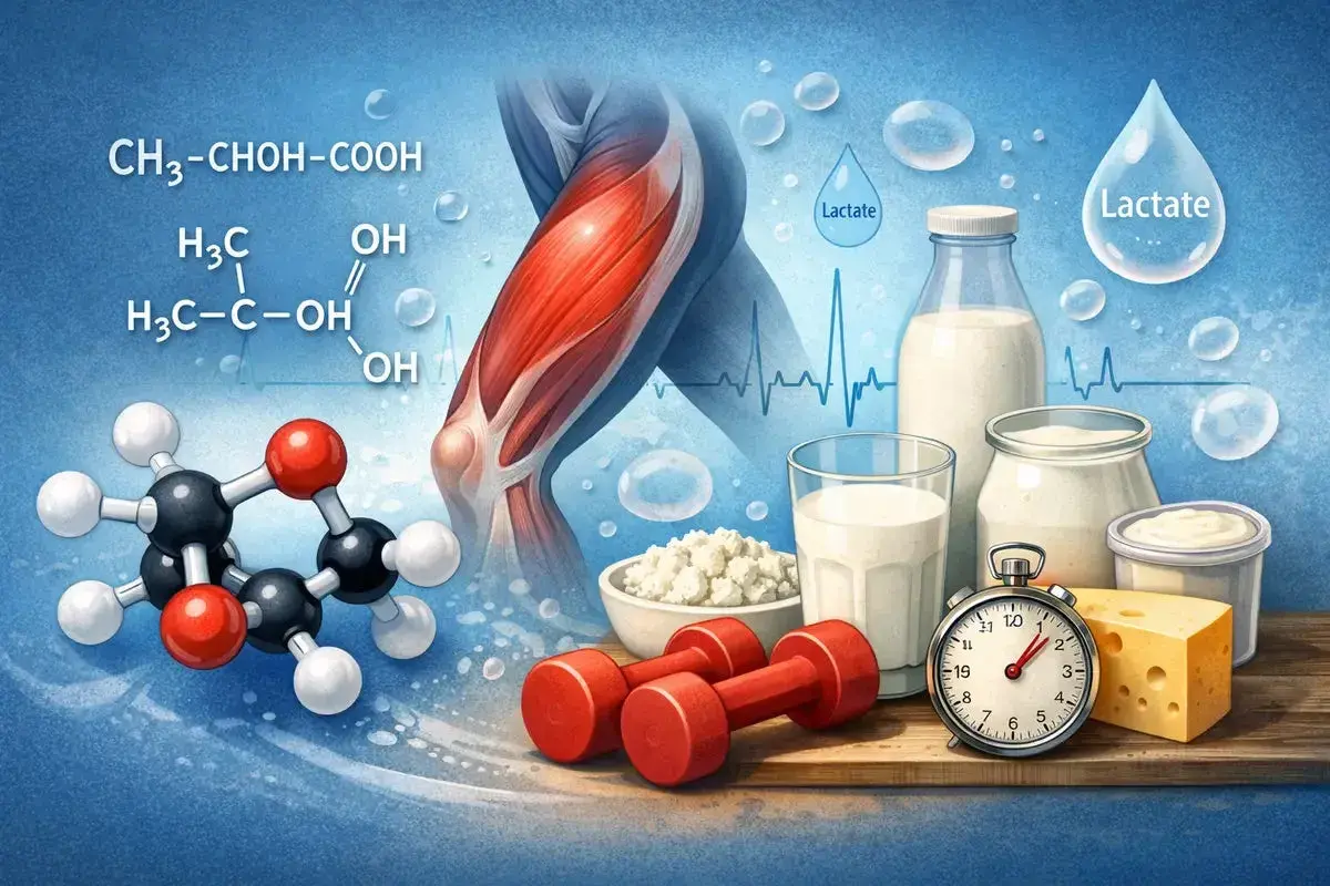 Mięśnie, mleko, ser i hantle. W tle wzory chemiczne, w tym kwas mlekowy, oraz krople z napisem "Lactate".