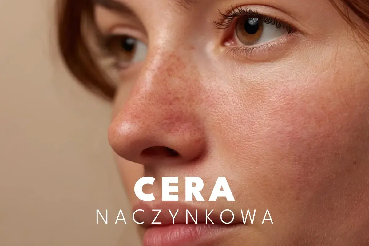 Zbliżenie na twarz z widoczną cerą naczynkową, rumieńcem i piegami.
