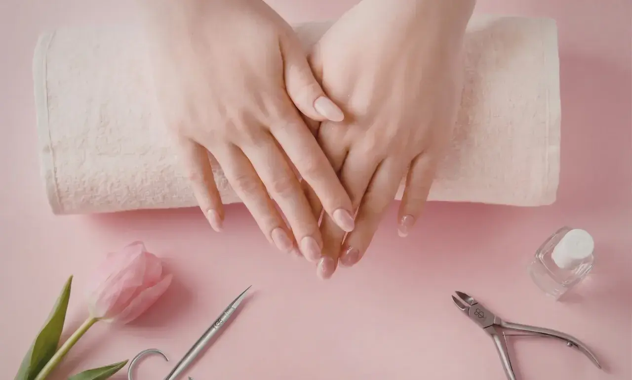 Delikatne dłonie z perfekcyjnym manicurem kombinowanym, obok różowy tulipan, cążki i buteleczka lakieru.