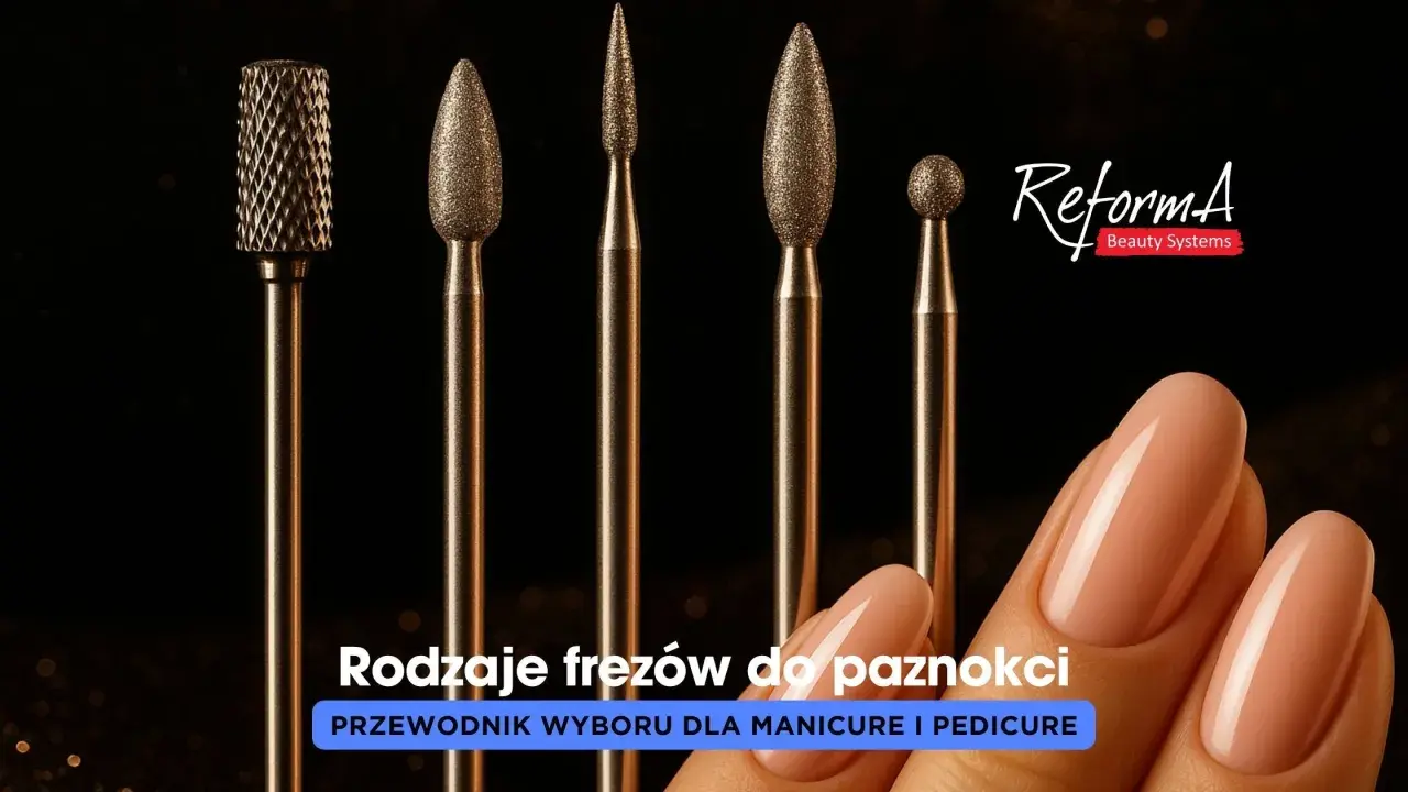 Różne frezy do skórek i paznokci, w tym frez walcowy i stożkowe. Idealny przewodnik po wyborze frezów do manicure i pedicure.