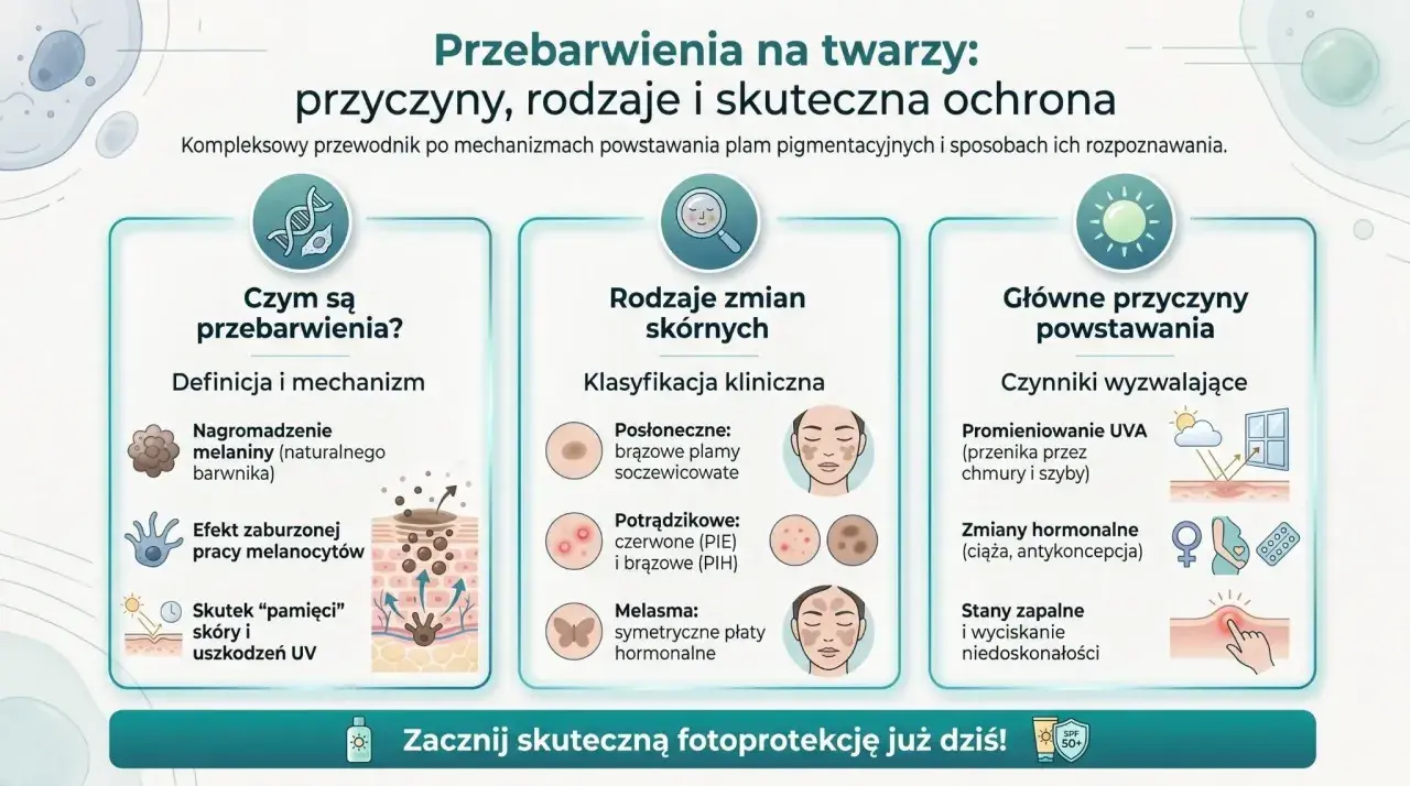 Przewodnik po przebarwieniach na twarzy: przyczyny, rodzaje i ochrona. Dowiedz się, jak powstają plamy pigmentacyjne i jak im zapobiegać.