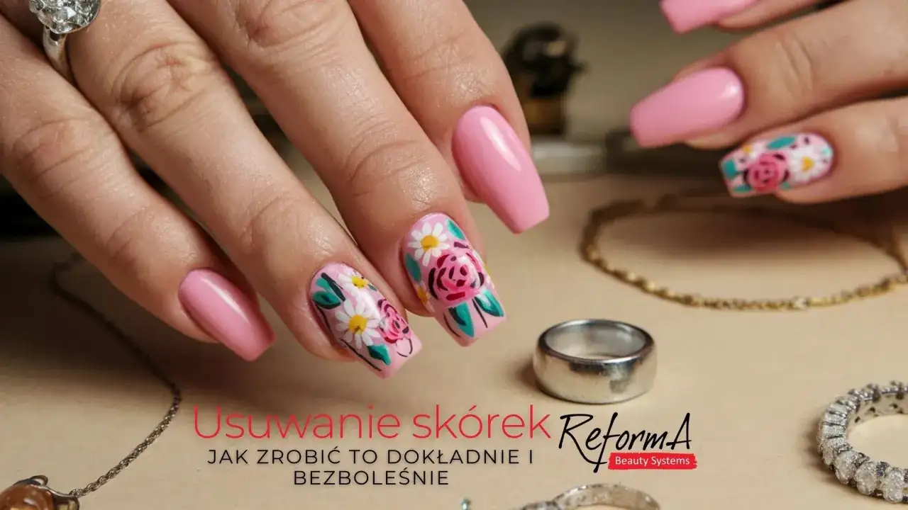 Dłoń z różowymi paznokciami ozdobionymi kwiatami. Delikatne kopytko i biżuteria dopełniają stylizację.