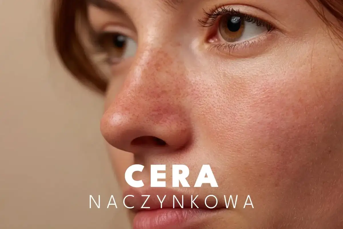 Zbliżenie na twarz z widoczną cerą naczynkową, rumieńcem i piegami.