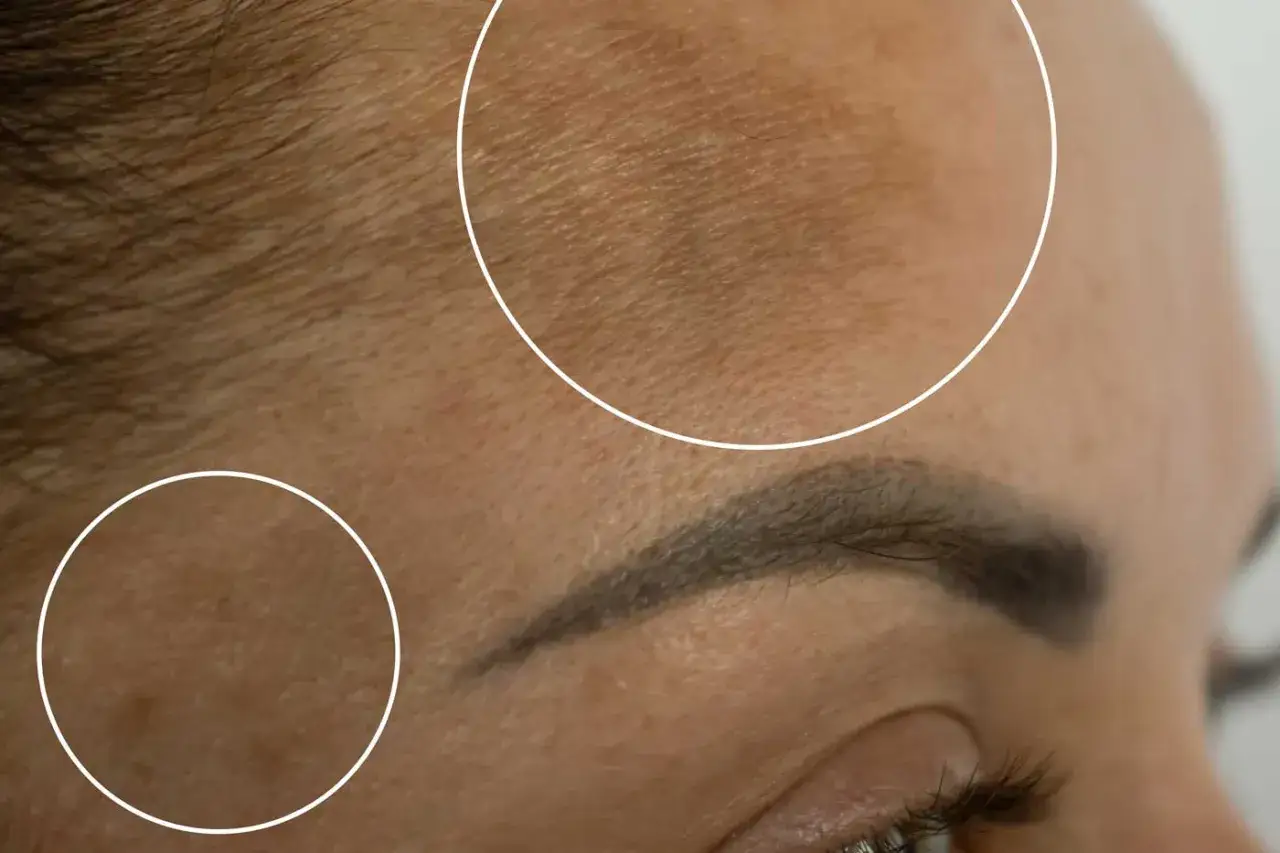 Zbliżenie na czoło z widocznymi przebarwieniami, które mogą być objawem melasmy. Co to jest melasma?