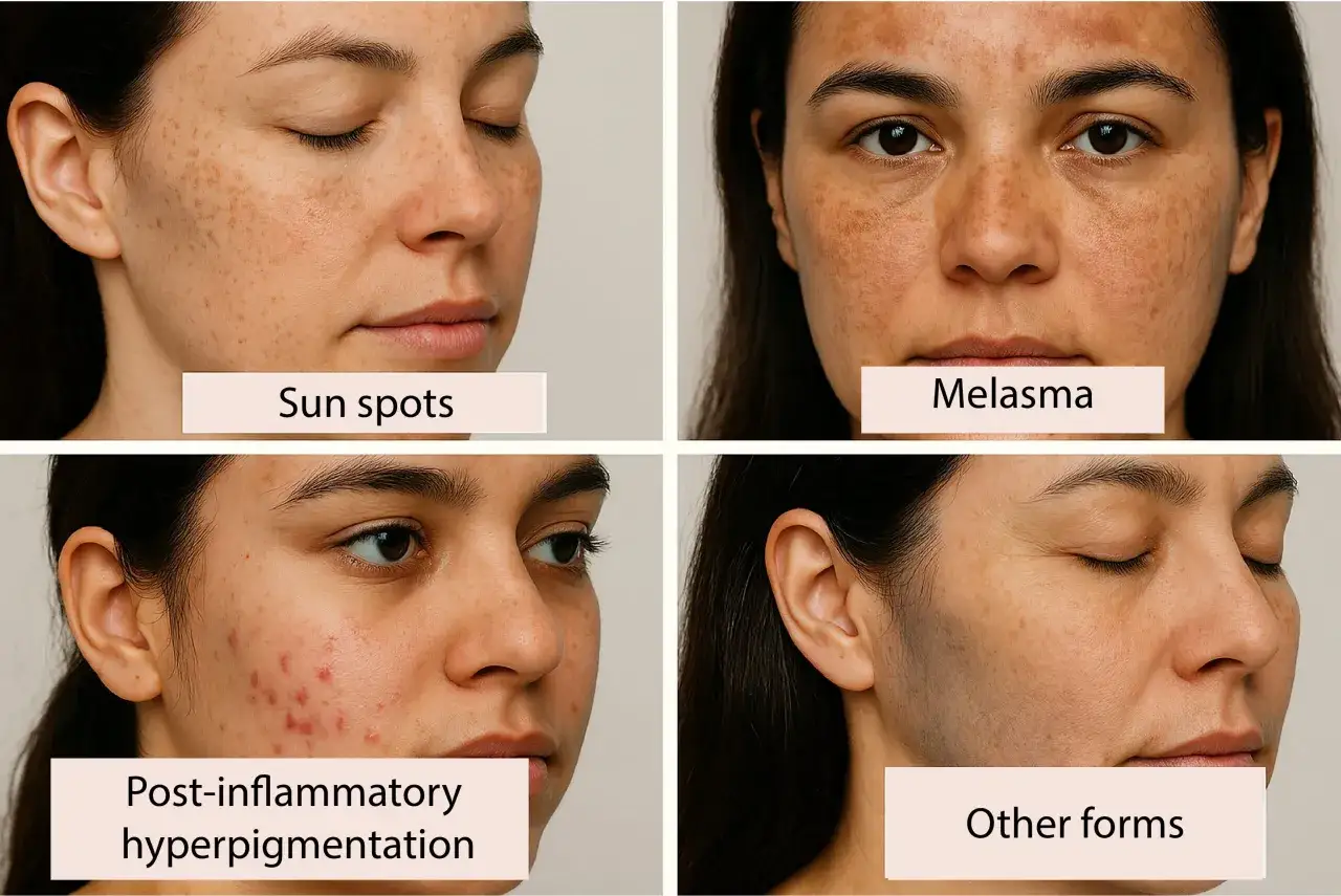 Cztery zdjęcia twarzy z różnymi rodzajami przebarwień: plamy słoneczne, melasma, przebarwienia pozapalne i inne formy plam na twarzy.