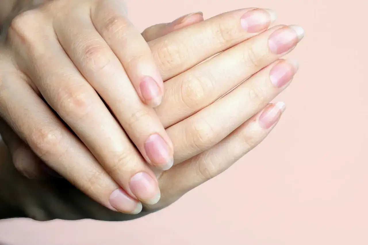 Dłonie po japońskim manicure, z naturalnie wypielęgnowanymi paznokciami, lśniącymi i zdrowymi.