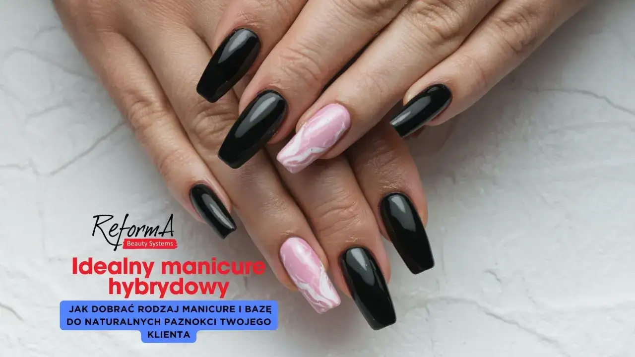 Dłonie z czarnym i różowo-białym marmurkowym manicure hybrydowym. Dowiedz się, co to manicure i jak dobrać idealny.