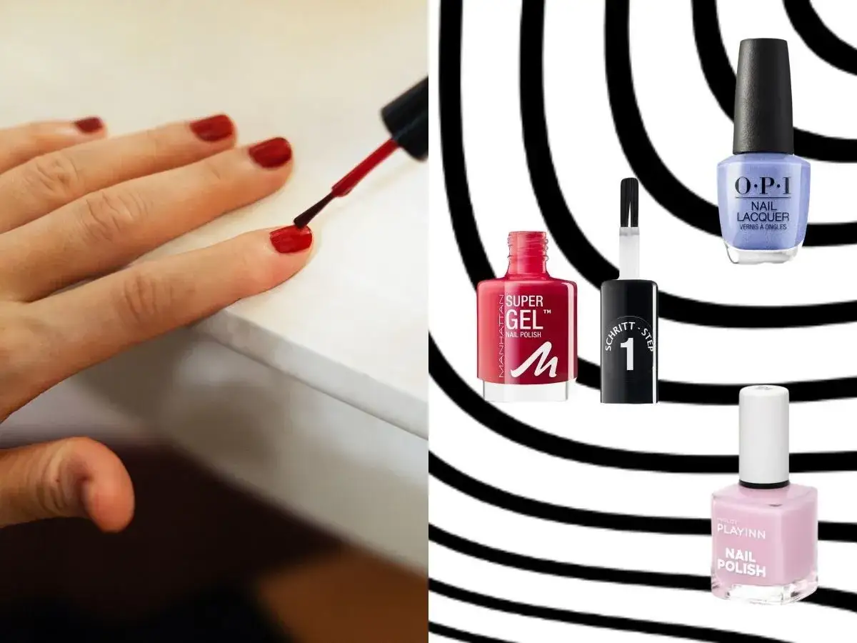 Dłoń maluje paznokcie na czerwono. Obok buteleczki lakierów: Manhattan Super Gel, OPI Nail Lacquer, Inglot Playinn. Szukasz lakieru do paznokci trwałego jak hybryda?