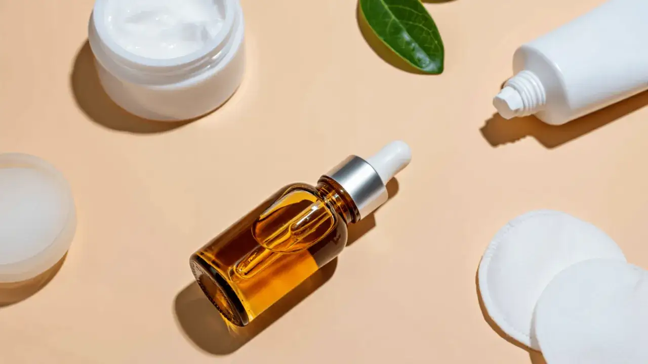 Serum z retinolem, krem i płatki kosmetyczne. Zastanawiasz się retinol co to? To składnik odmładzający skórę.