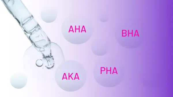 Kropla serum z pipety, a w tle kule z napisami AHA, BHA, AKA, PHA.