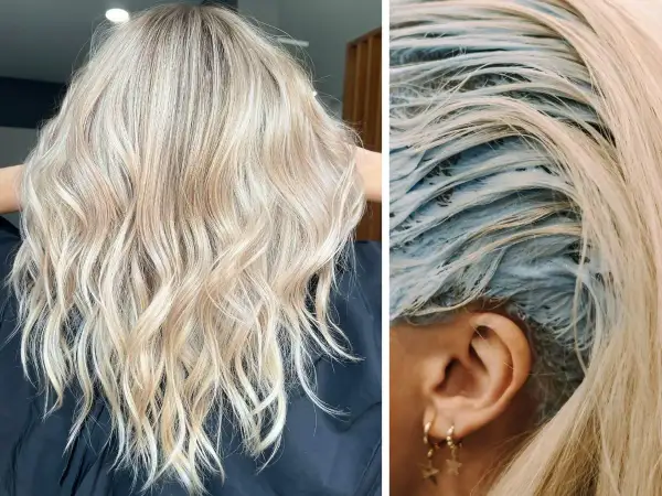 Piękne blond włosy po zabiegu. Po lewej efekt, po prawej widać, co to jest toner do włosów – niebieska maska na pasmach.
