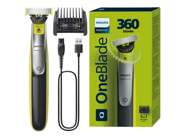 Golarka Philips OneBlade z akcesoriami i opakowaniem.